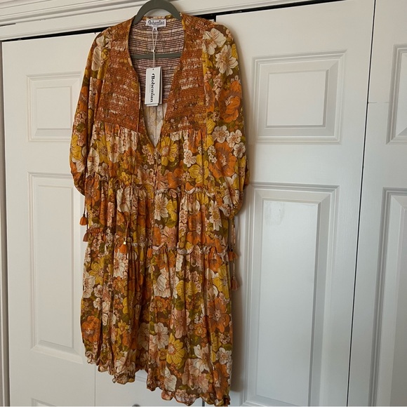Bohemian Traders Smocked Tonal Embroidery Mini Dress in Retro Floral Rust - XXL - Picture 5 of 9